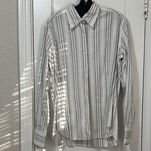 Men's Long-Sleeve Vertical Stripe Dress Shirt - White & Gray
